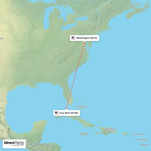 Key West - Washington direct flight map
