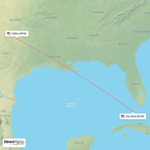 Key West - Dallas direct flight map