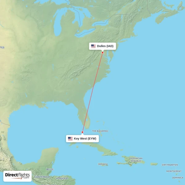 Key West - Dulles direct flight map