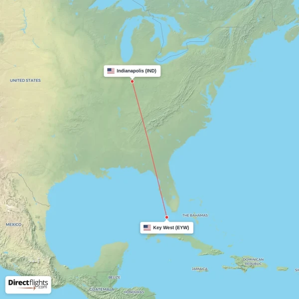 Key West - Indianapolis direct flight map
