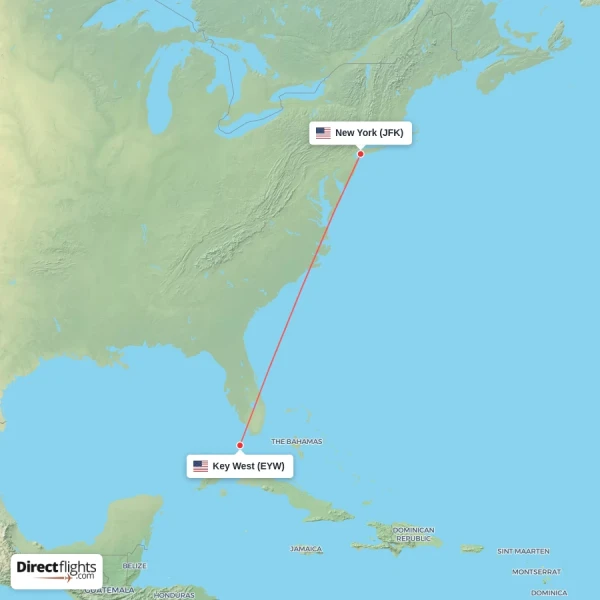 Key West - New York direct flight map
