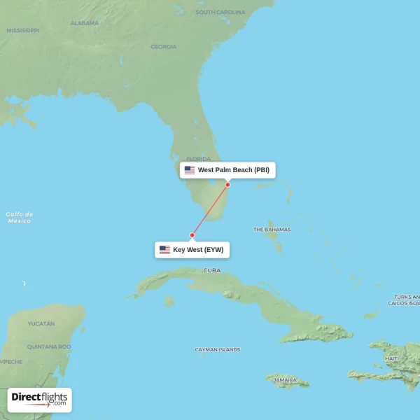 Key West - West Palm Beach direct flight map