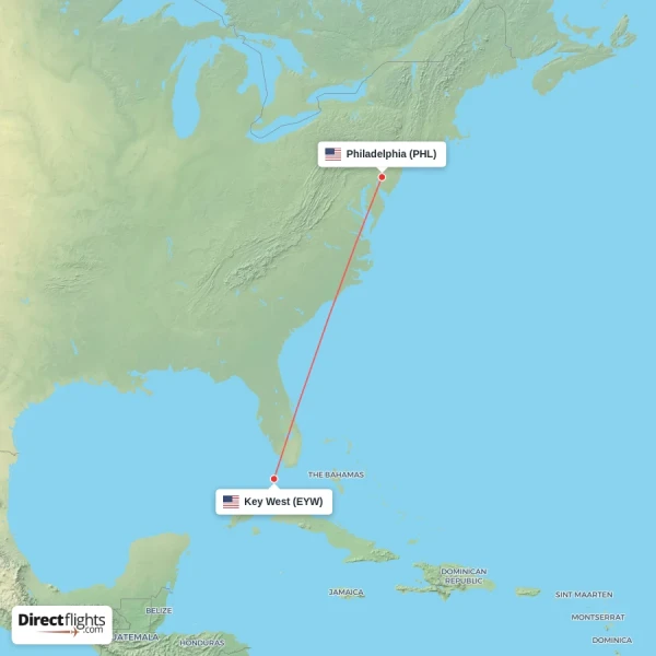 Key West - Philadelphia direct flight map