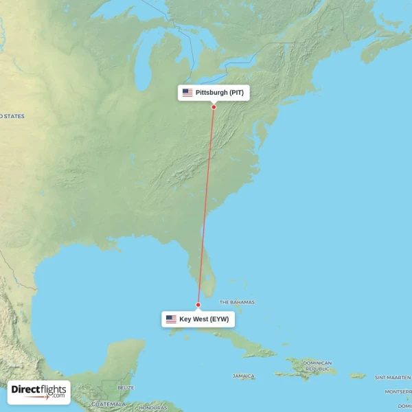 Key West - Pittsburgh direct flight map