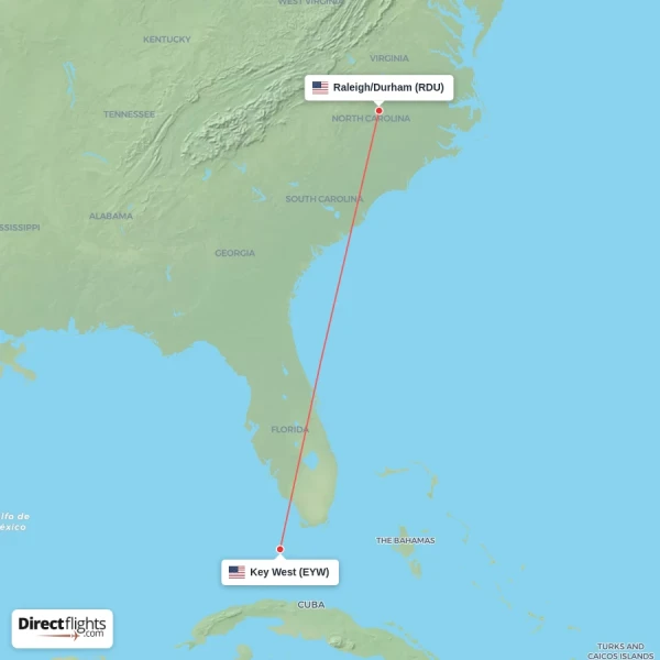 Key West - Raleigh/Durham direct flight map