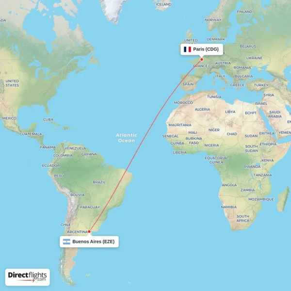 Buenos Aires - Paris direct flight map