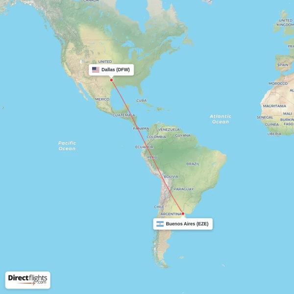 Buenos Aires - Dallas direct flight map