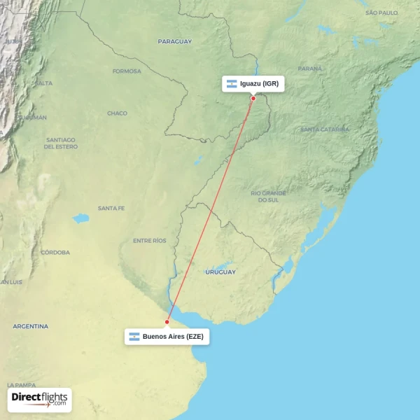 Buenos Aires - Iguazu direct flight map