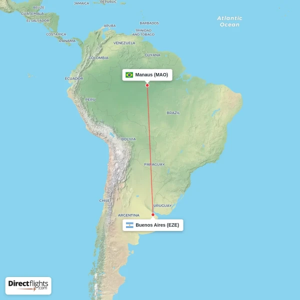 Buenos Aires - Manaus direct flight map