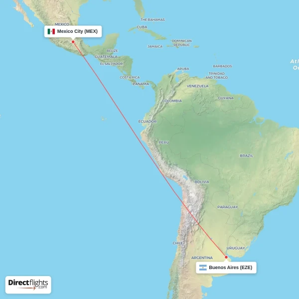 Buenos Aires - Mexico City direct flight map