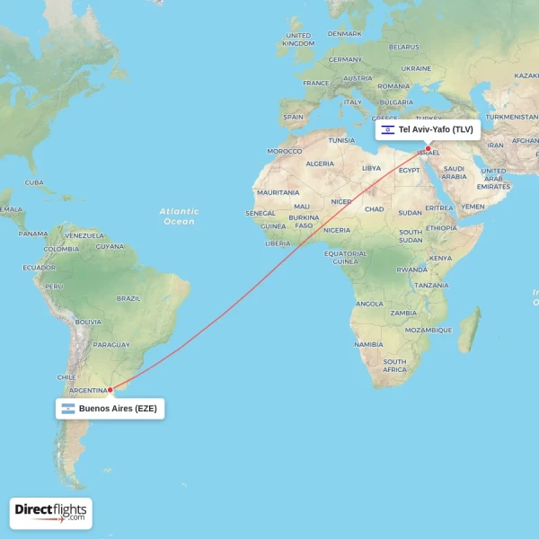 Buenos Aires - Tel Aviv-Yafo direct flight map