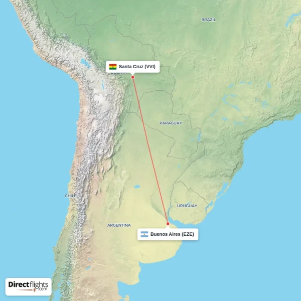 Buenos Aires - Santa Cruz direct flight map