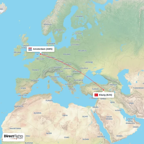 Elazig - Amsterdam direct flight map