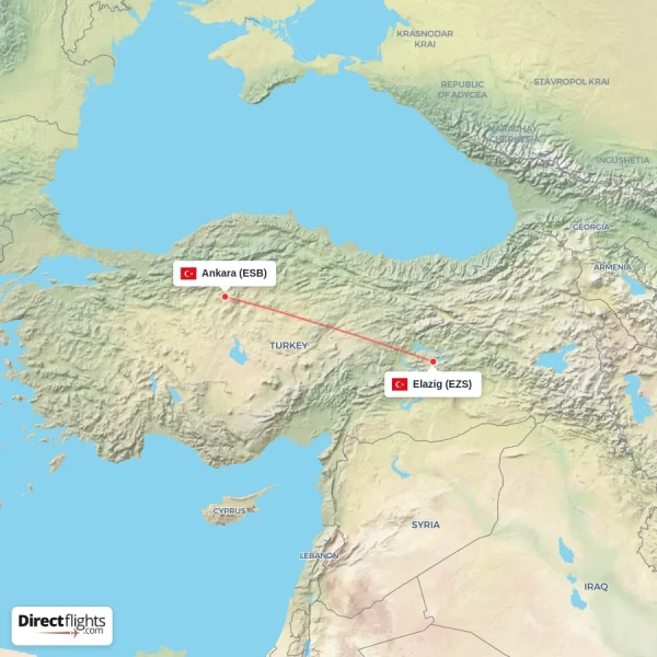 Elazig - Ankara direct flight map