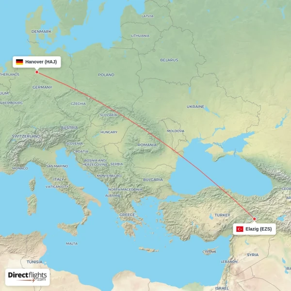 Elazig - Hanover direct flight map