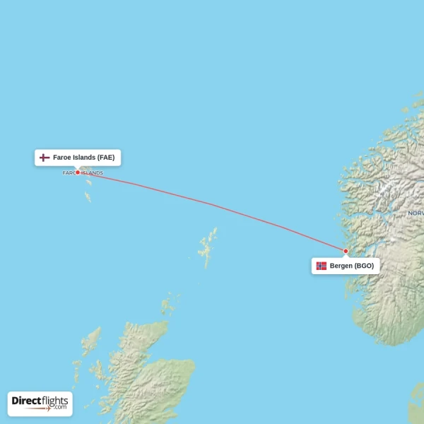 Faroe Islands - Bergen direct flight map