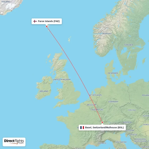 Faroe Islands - Basel, Switzerland/Mulhouse direct flight map