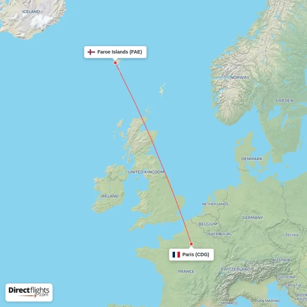 Faroe Islands - Paris direct flight map