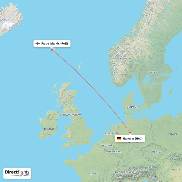 Faroe Islands - Hanover direct flight map