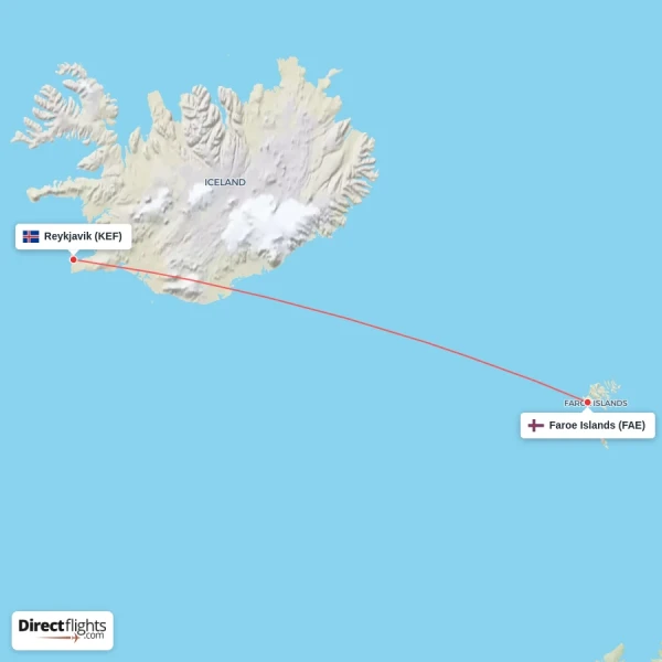 Faroe Islands - Reykjavik direct flight map