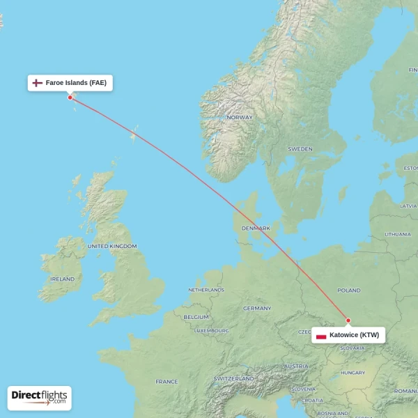 Faroe Islands - Katowice direct flight map