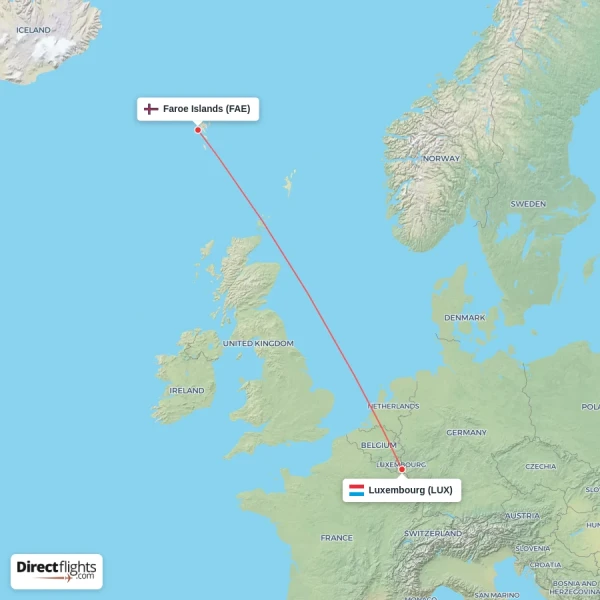 Faroe Islands - Luxembourg direct flight map