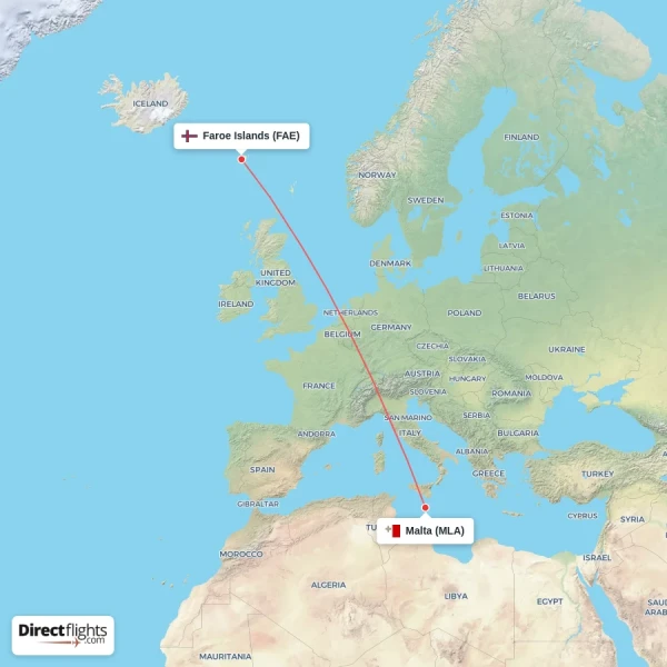 Faroe Islands - Malta direct flight map