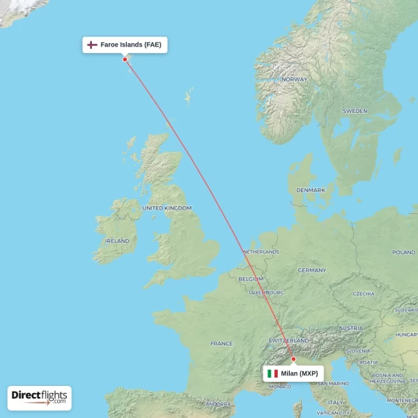Faroe Islands - Milan direct flight map