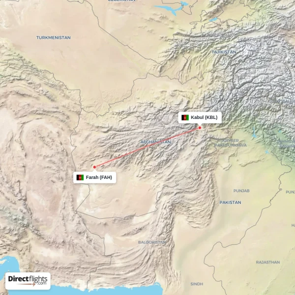 Farah - Kabul direct flight map