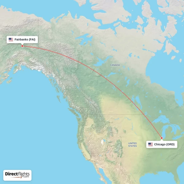 Fairbanks - Chicago direct flight map