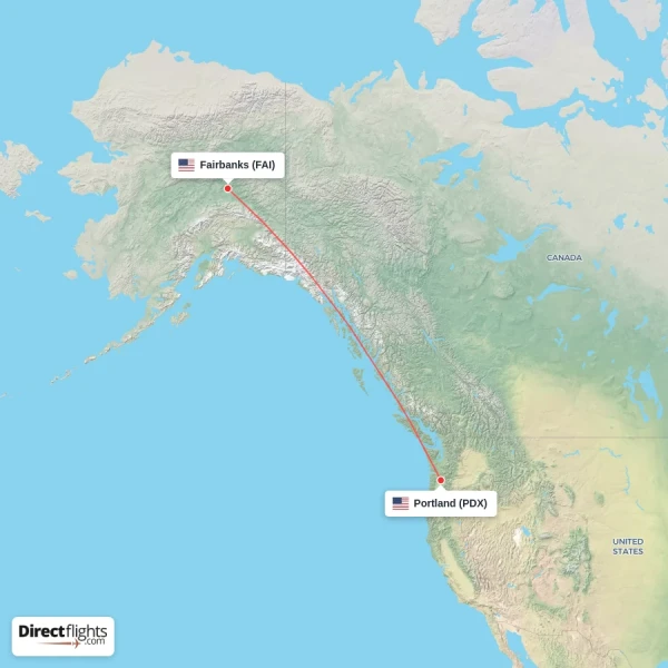 Fairbanks - Portland direct flight map