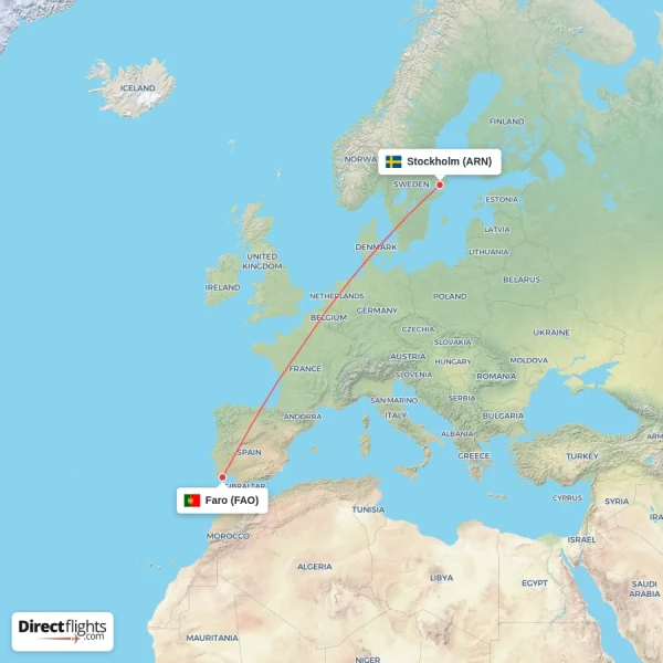Faro - Stockholm direct flight map