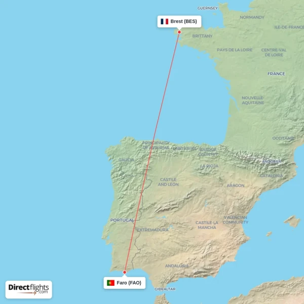 Faro - Brest direct flight map