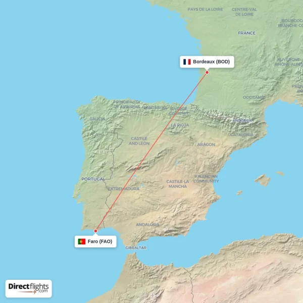 Faro - Bordeaux direct flight map