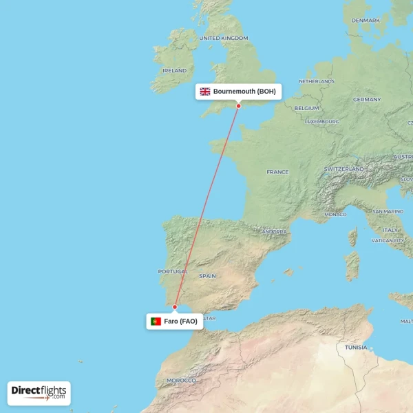 Faro - Bournemouth direct flight map