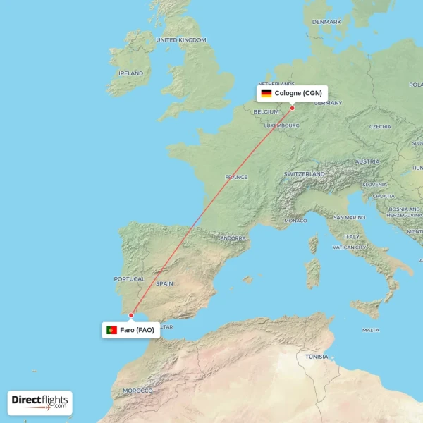 Faro - Cologne direct flight map