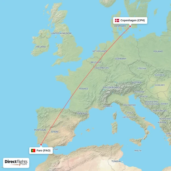 Faro - Copenhagen direct flight map