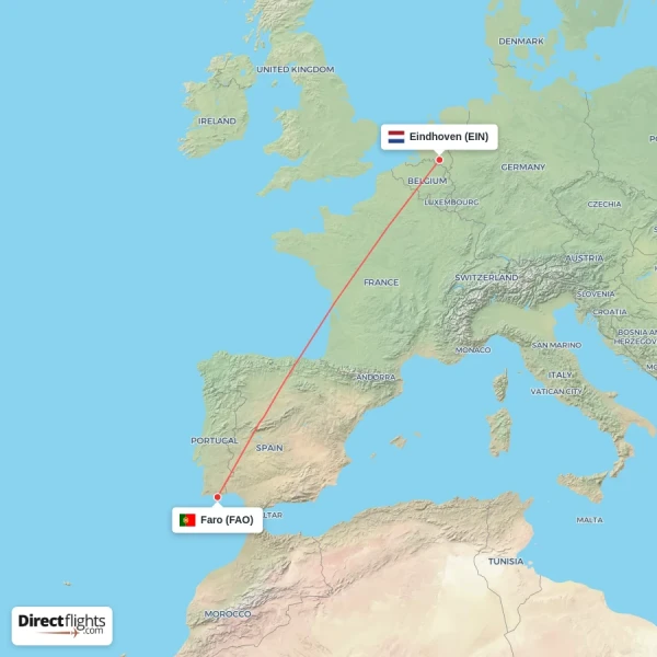 Faro - Eindhoven direct flight map