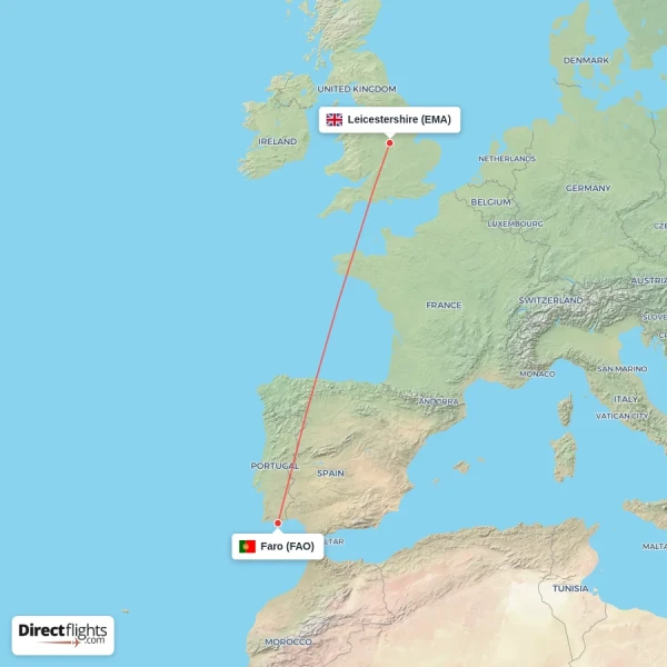 Faro - Leicestershire direct flight map