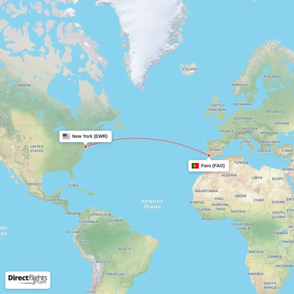 Faro - New York direct flight map
