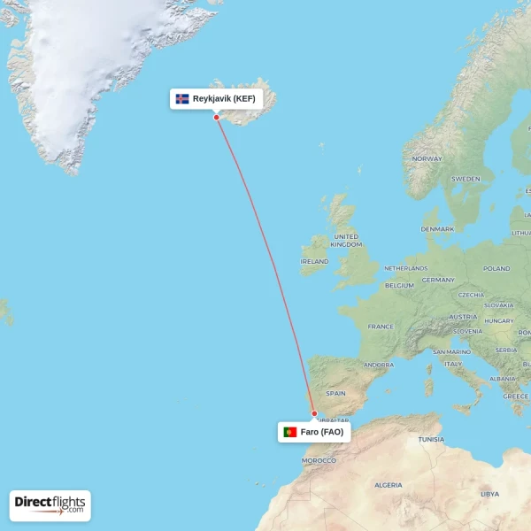 Faro - Reykjavik direct flight map