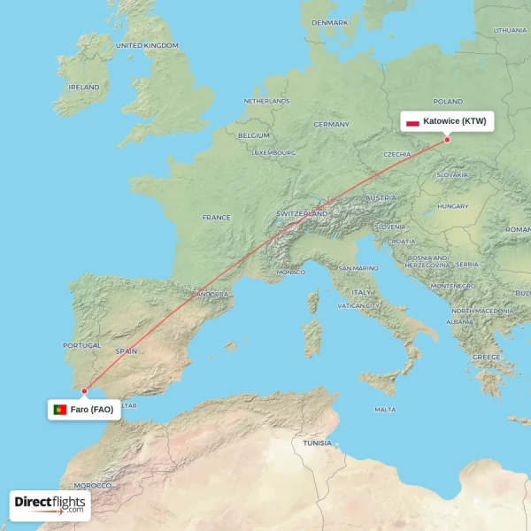 Faro - Katowice direct flight map