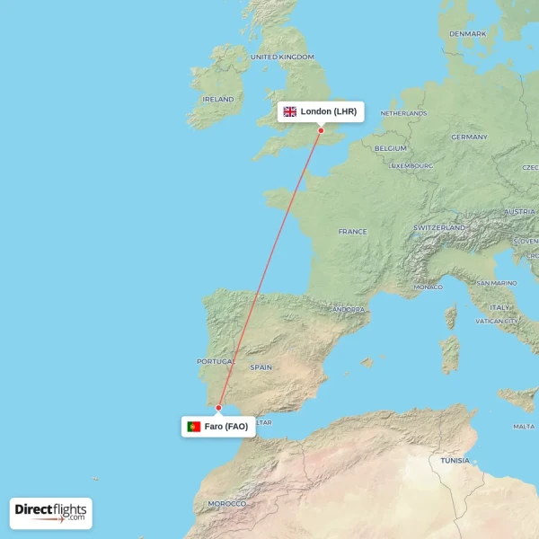 Faro - London direct flight map