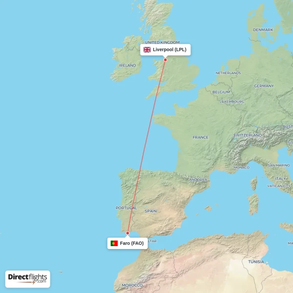 Faro - Liverpool direct flight map