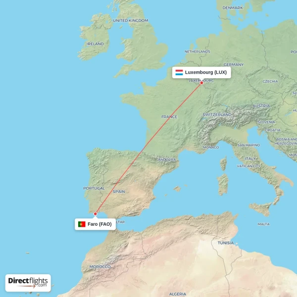 Faro - Luxembourg direct flight map