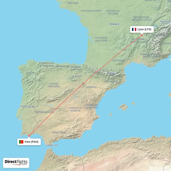 Faro - Lyon direct flight map