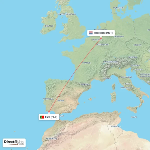 Faro - Maastricht direct flight map