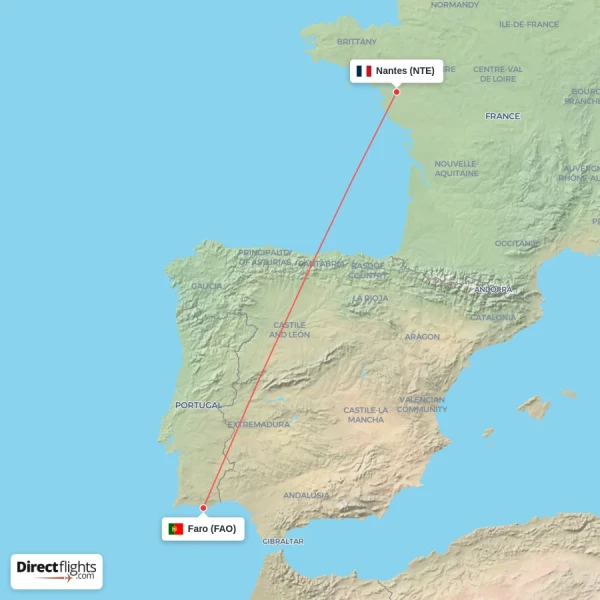 Faro - Nantes direct flight map