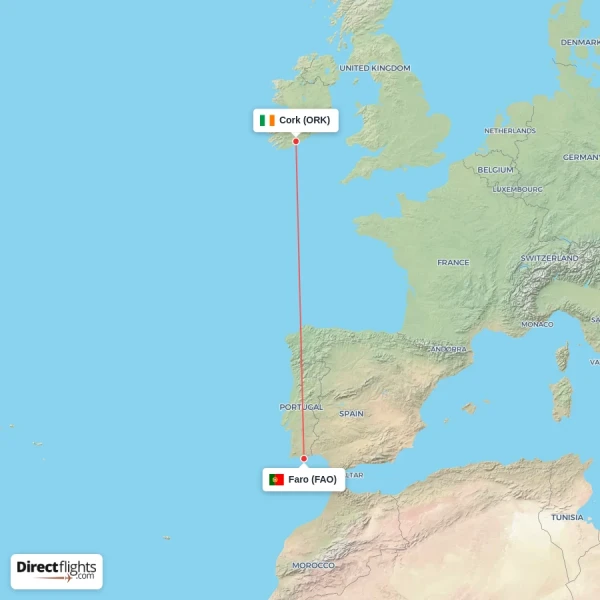 Faro - Cork direct flight map