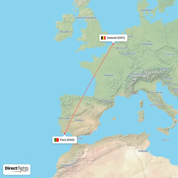 Faro - Ostend direct flight map